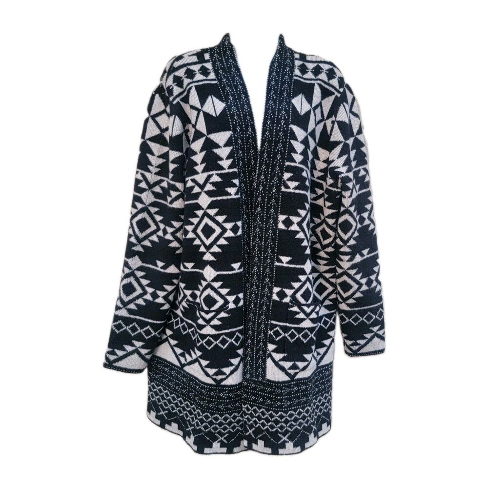 FRYE Sweater  Cozy Aztec Open Front Cardigan Sweater Blk/wht Wmns Sz  XL